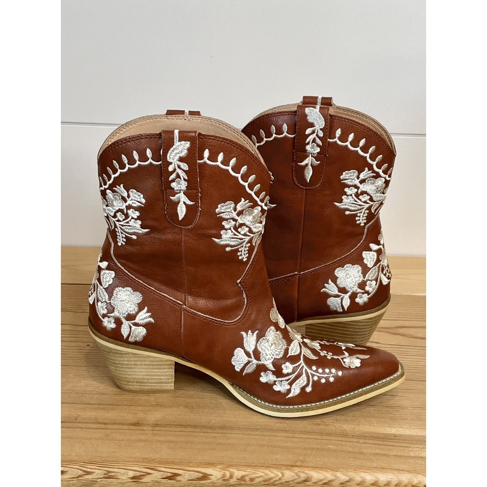 Boho Floral Western Boots Embroidered Leather Cowgirl Booties Women's 8